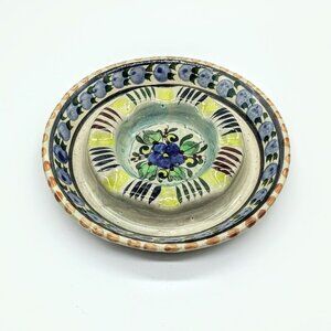 Hand-Painted Mexican Tonala Pottery Ashtray Round Dish